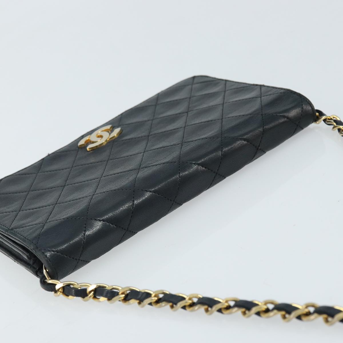 CHANEL Matelasse Chain Shoulder Bag Lamb Skin Black Gold CC Auth BA5545