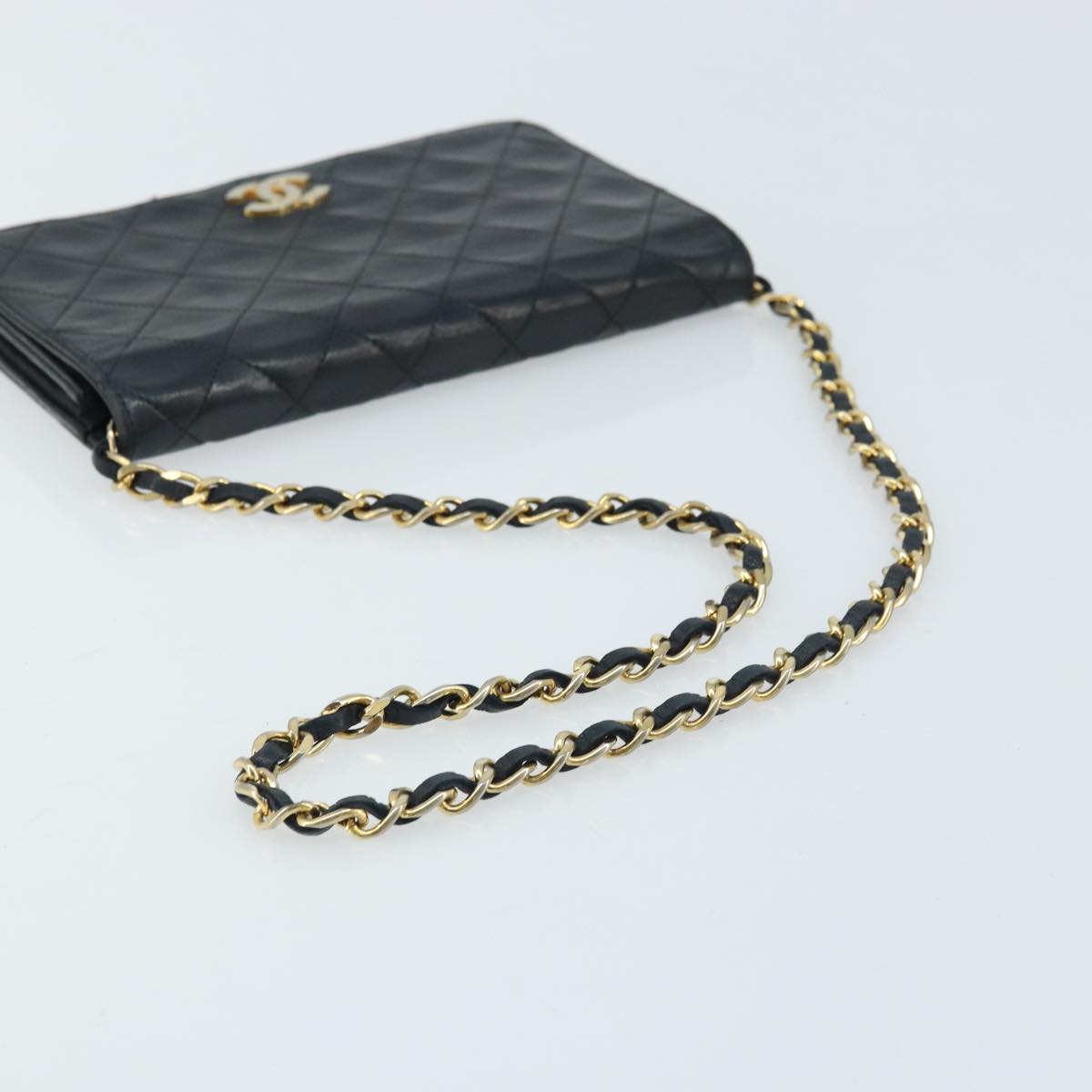 CHANEL Matelasse Chain Shoulder Bag Lamb Skin Black Gold CC Auth BA5545