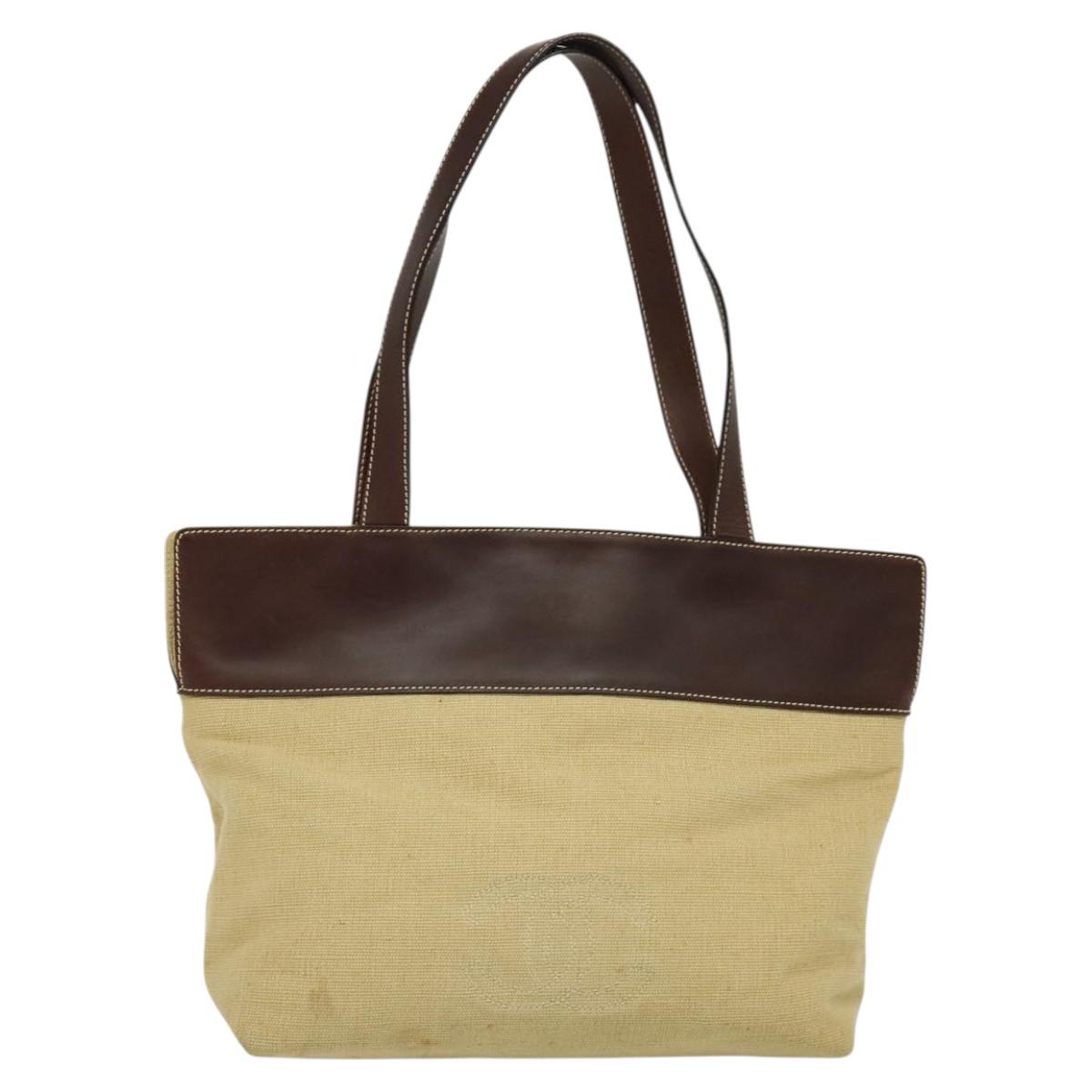 CHANEL Tote Bag Canvas Leather Beige CC Auth BA555
