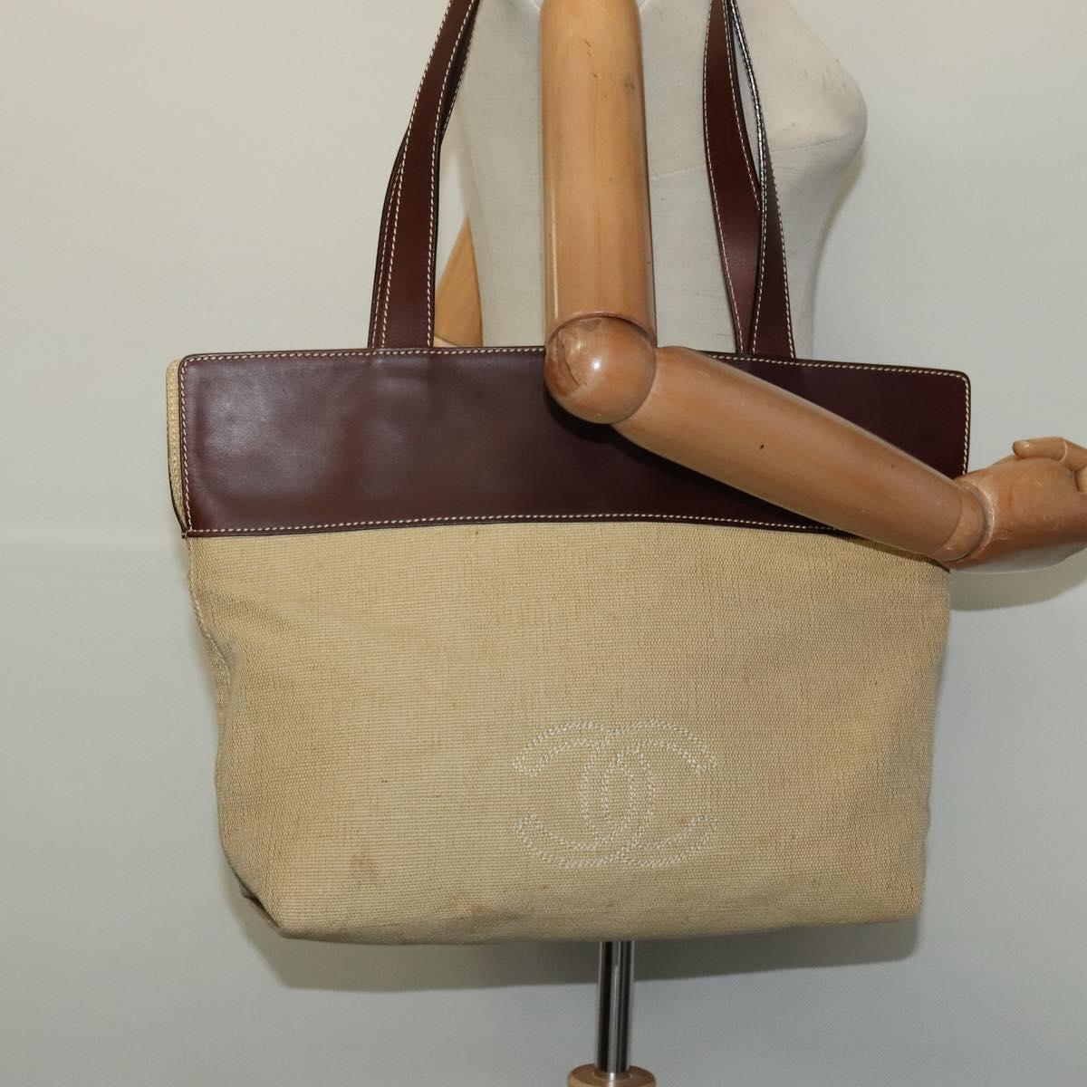 CHANEL Tote Bag Canvas Leather Beige CC Auth BA555