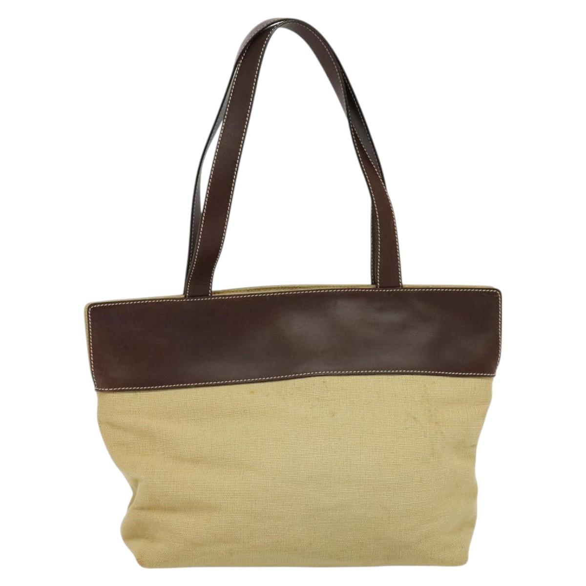 CHANEL Tote Bag Canvas Leather Beige CC Auth BA555