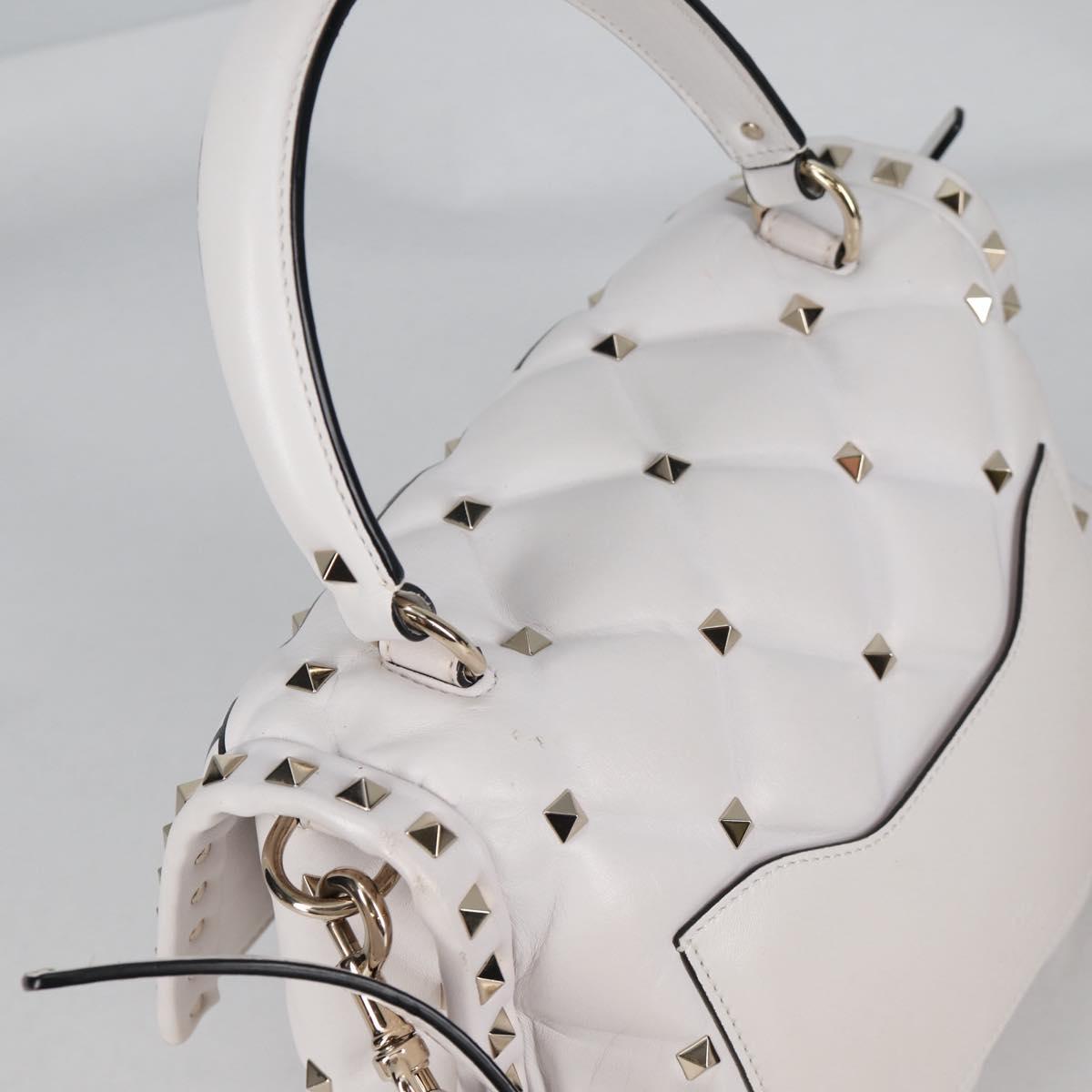 VALENTINO Candy Studs Hand Bag Leather 2way White Gold Auth BA5556