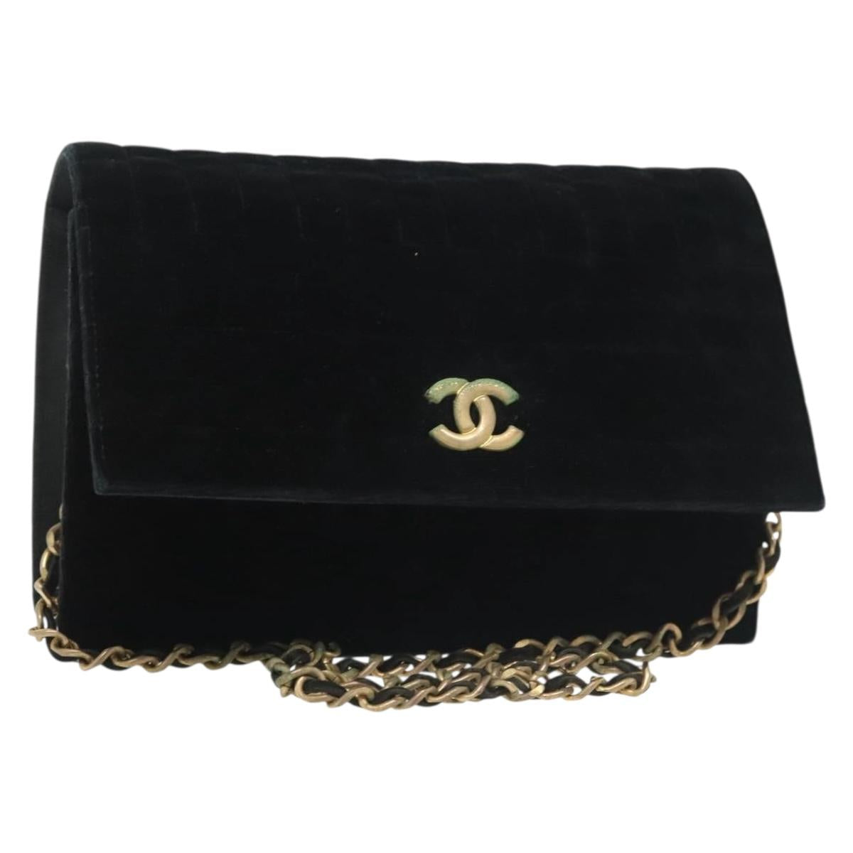 CHANEL Chain Mademoiselle Shoulder Bag Velor Black Gold CC Auth BA5562