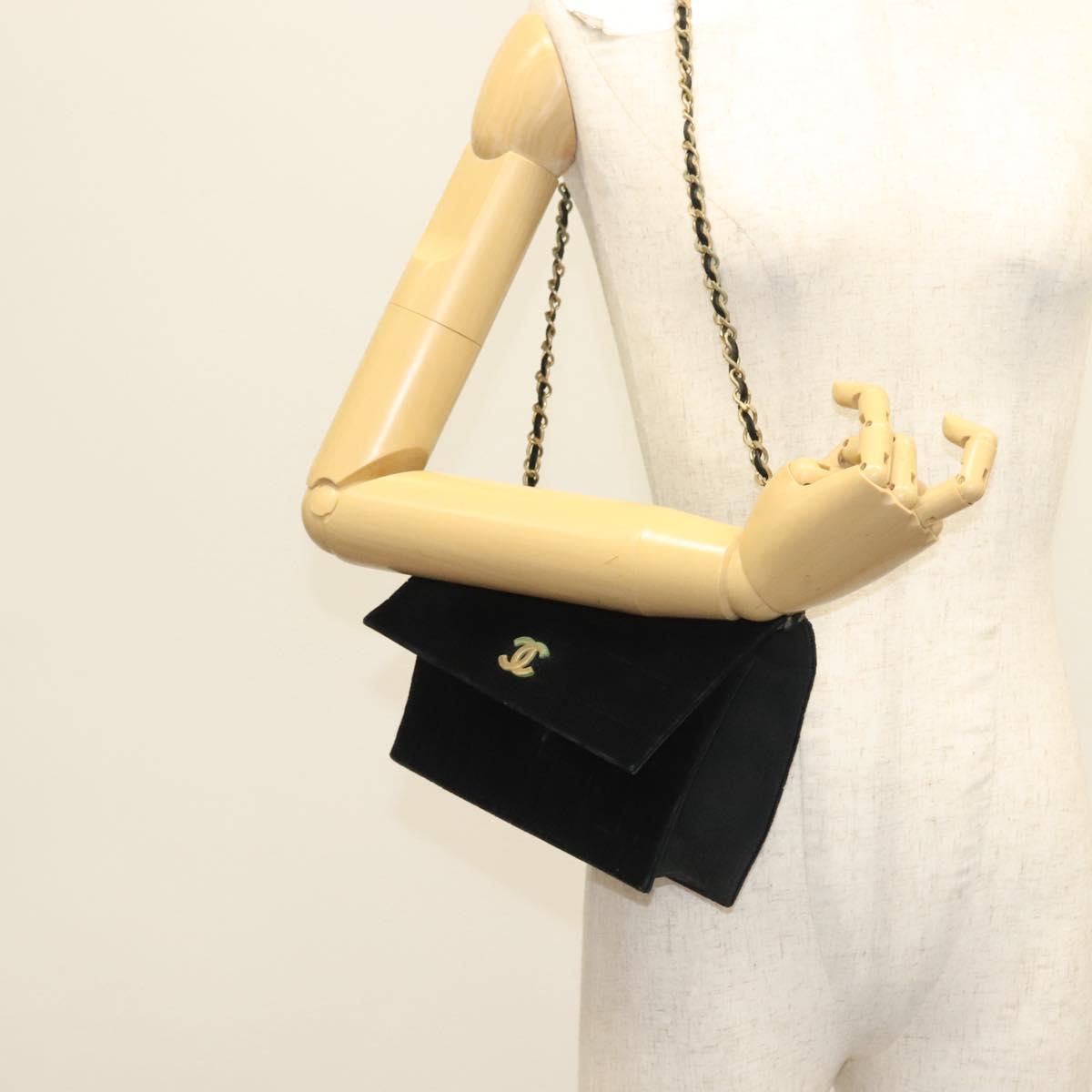 CHANEL Chain Mademoiselle Shoulder Bag Velor Black Gold CC Auth BA5562