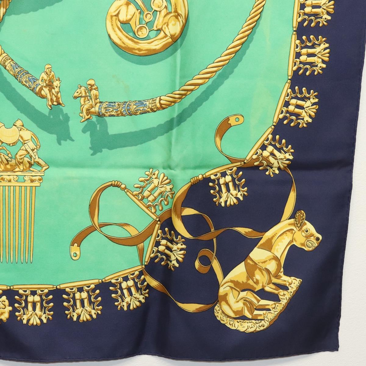 HERMES Carre 90 Scarf ""LES CAVALIERS D'OR"" Silk Green Auth BA5572