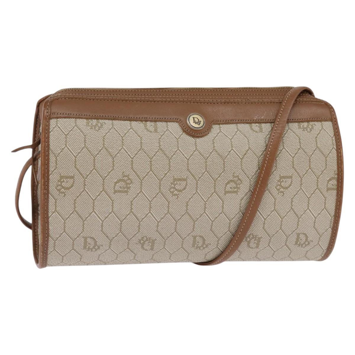 Christian Dior Honeycomb Canvas Shoulder Bag PVC Beige Gold Auth BA5627