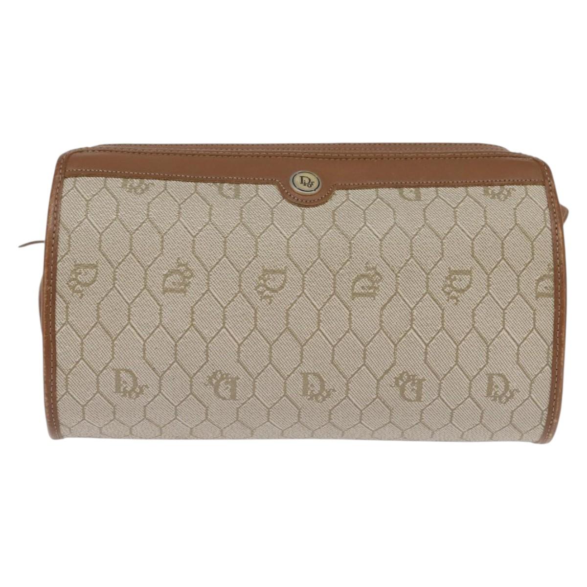 Christian Dior Honeycomb Canvas Shoulder Bag PVC Beige Gold Auth BA5627