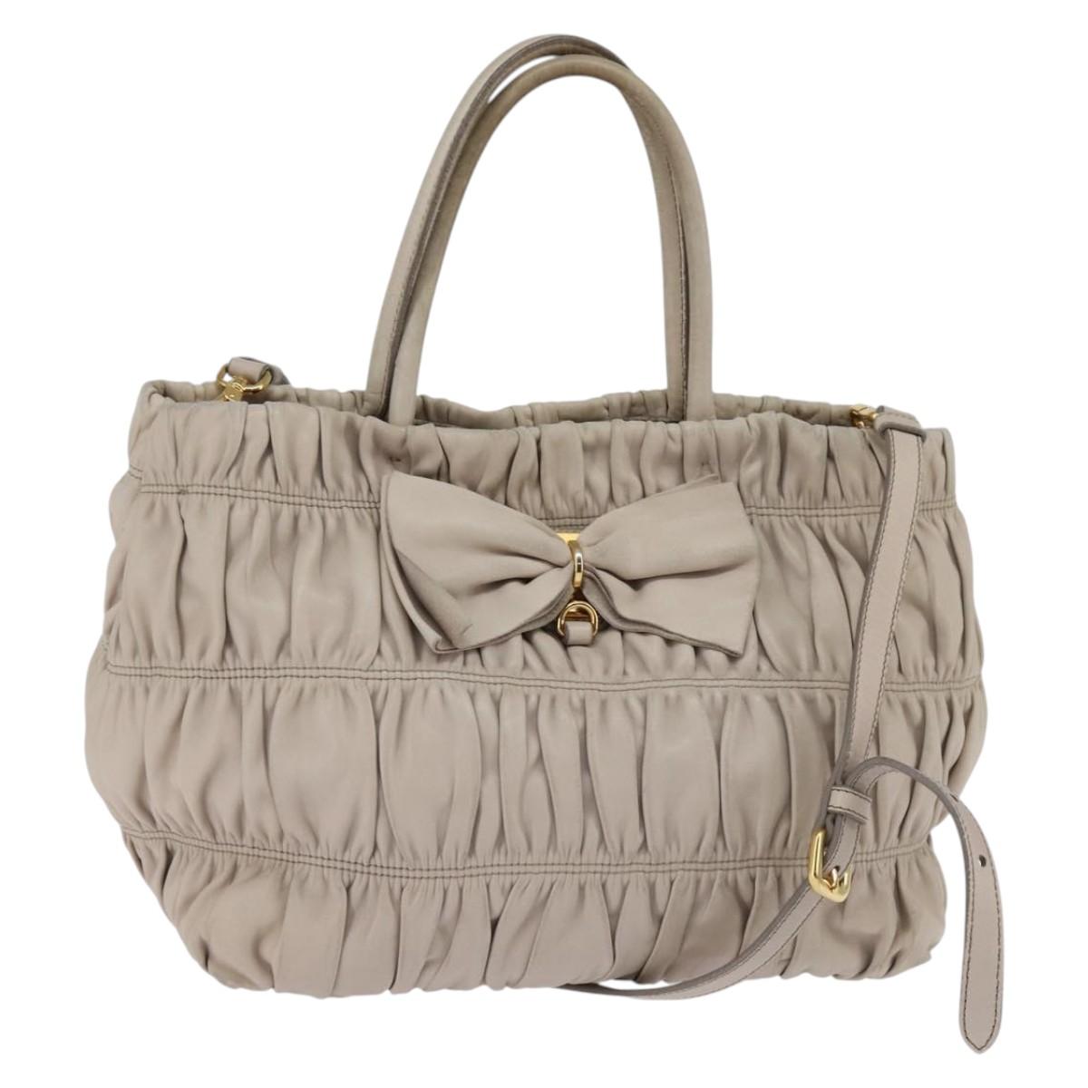 PRADA Gathered Hand Bag Leather 2way Beige Gold Auth BA5654