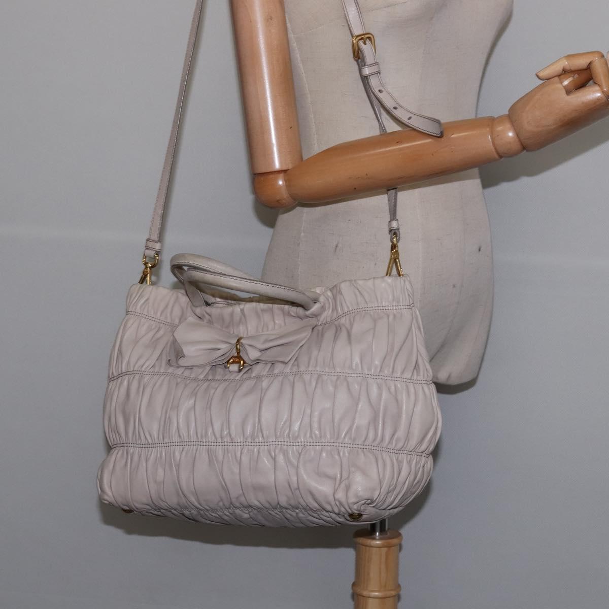 PRADA Gathered Hand Bag Leather 2way Beige Gold Auth BA5654