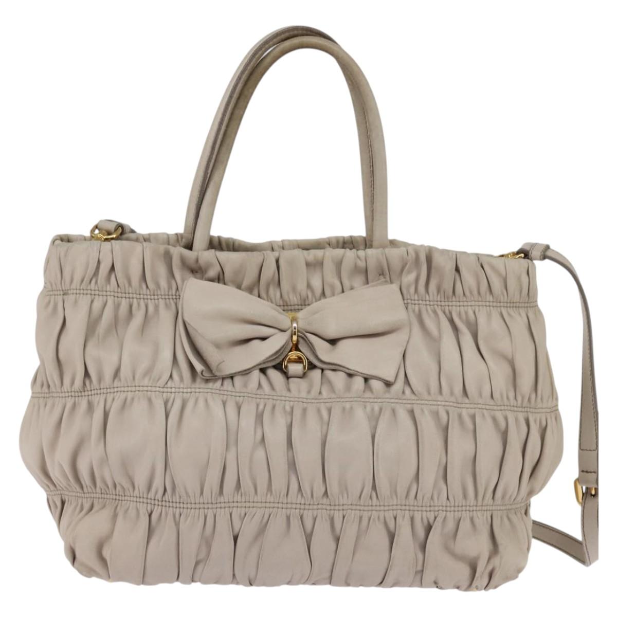PRADA Gathered Hand Bag Leather 2way Beige Gold Auth BA5654