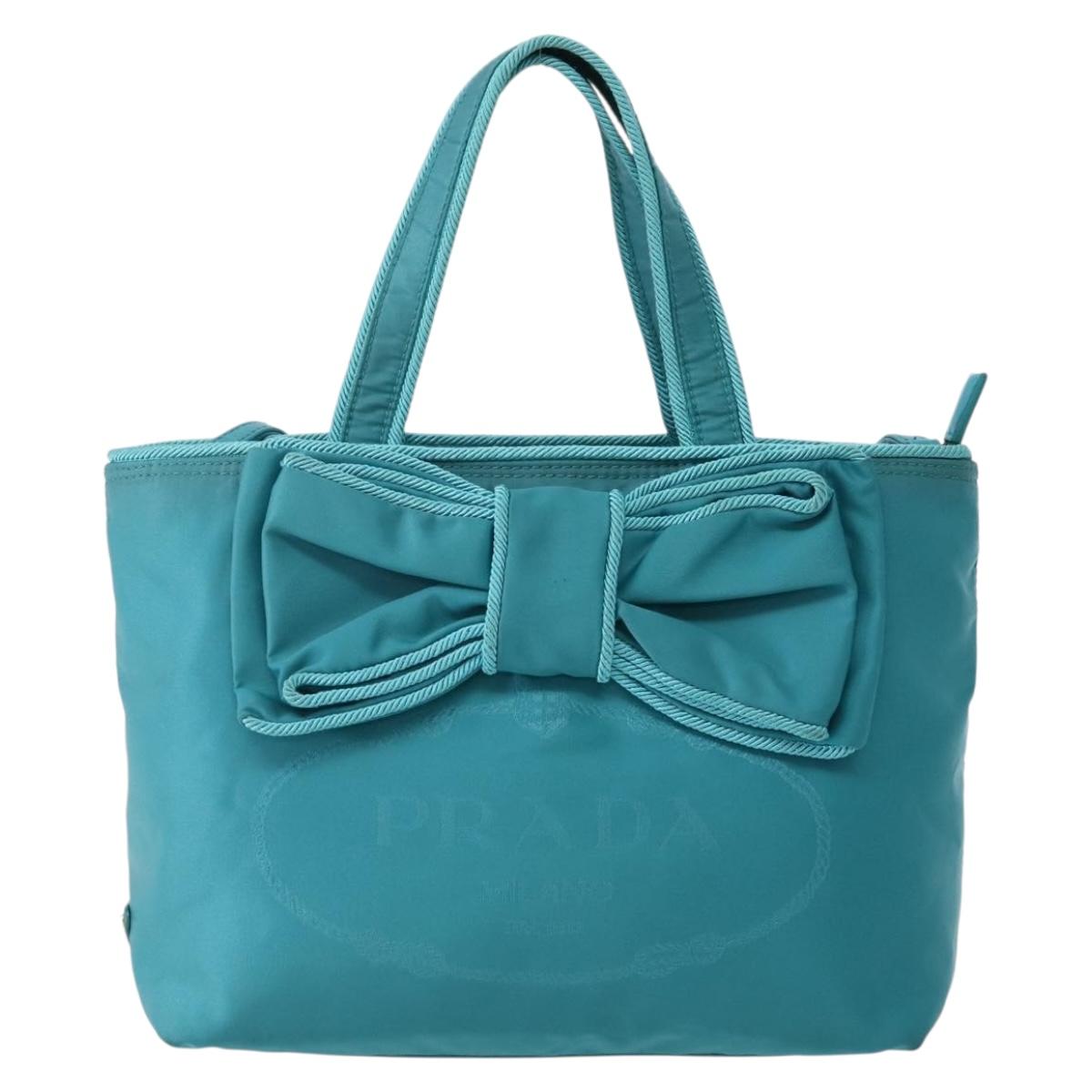 PRADA Hand Bag Nylon 2way Turquoise Blue Gold Auth BA5686