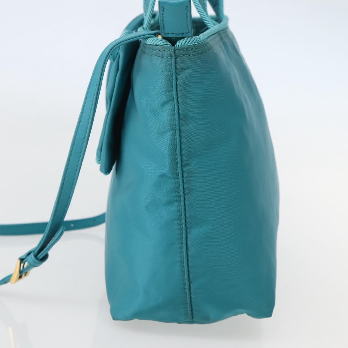 PRADA Hand Bag Nylon 2way Turquoise Blue Gold Auth BA5686