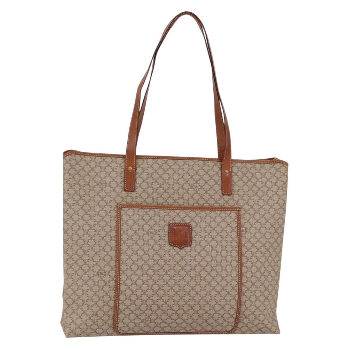 CELINE Macadam Canvas Tote Bag PVC Beige Gold Auth BA5689