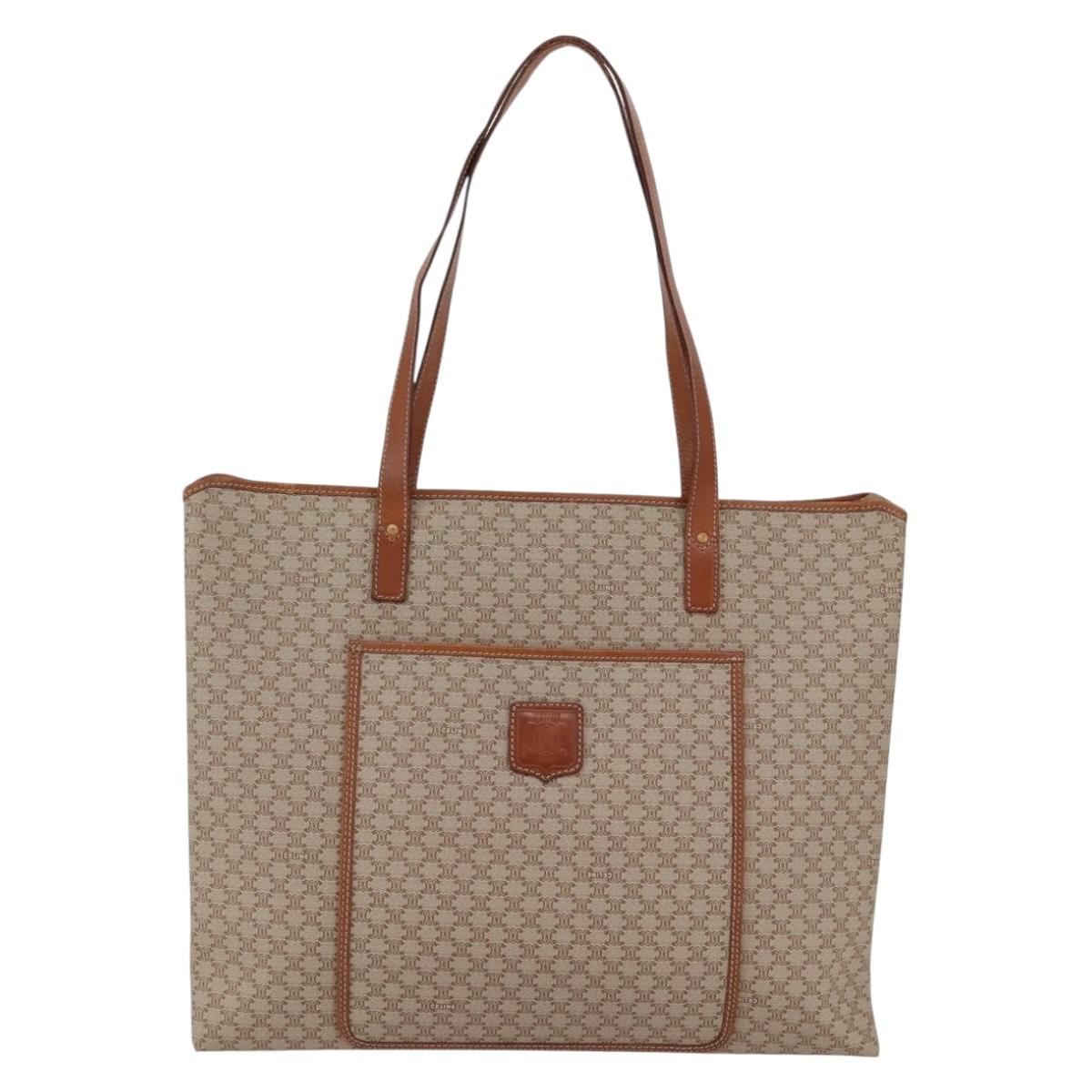 CELINE Macadam Canvas Tote Bag PVC Beige Gold Auth BA5689