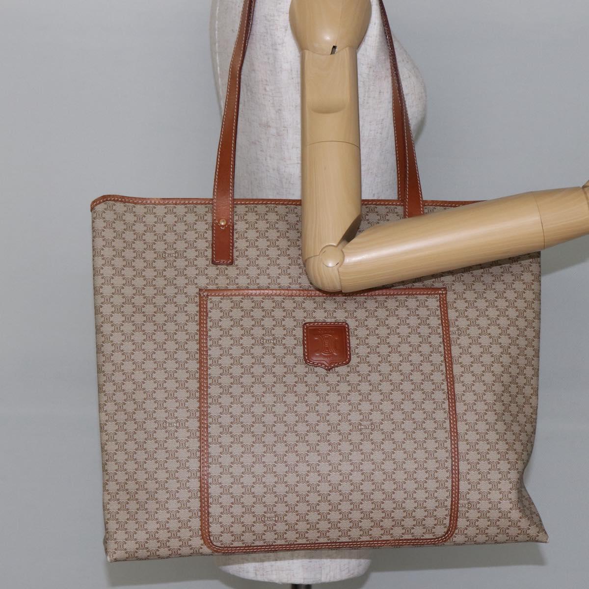 CELINE Macadam Canvas Tote Bag PVC Beige Gold Auth BA5689