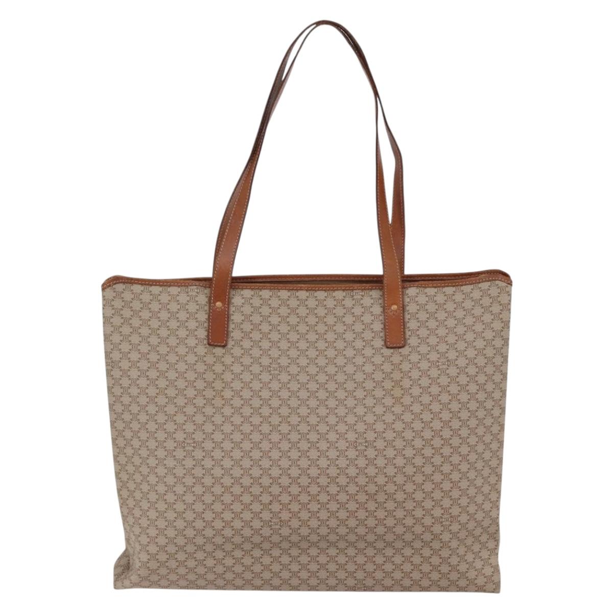 CELINE Macadam Canvas Tote Bag PVC Beige Gold Auth BA5689