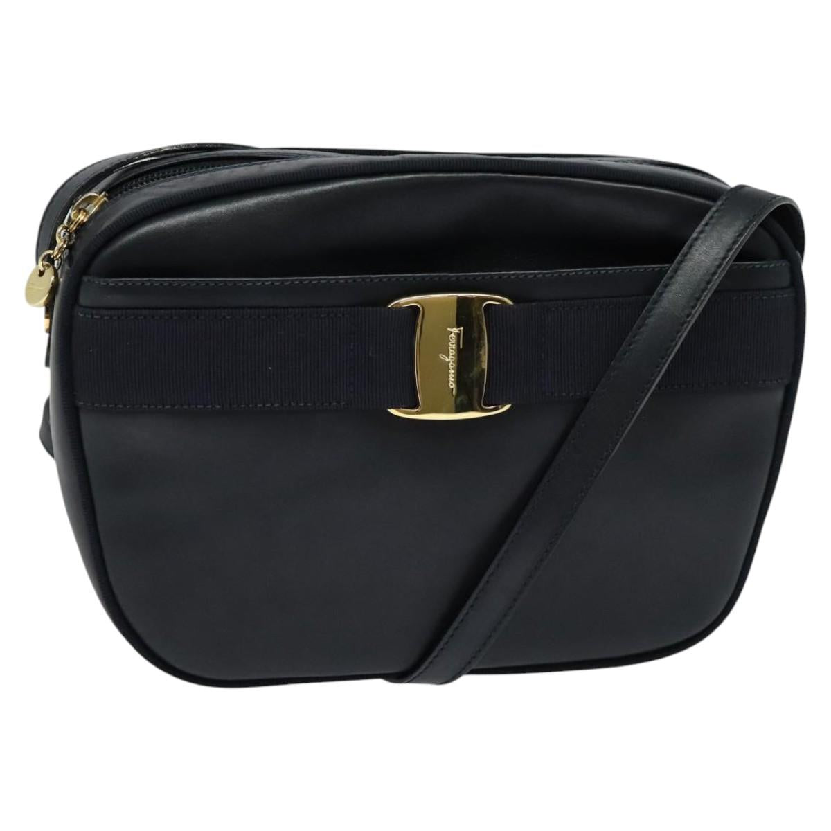 Salvatore Ferragamo Shoulder Bag Leather Navy Gold Auth BA569