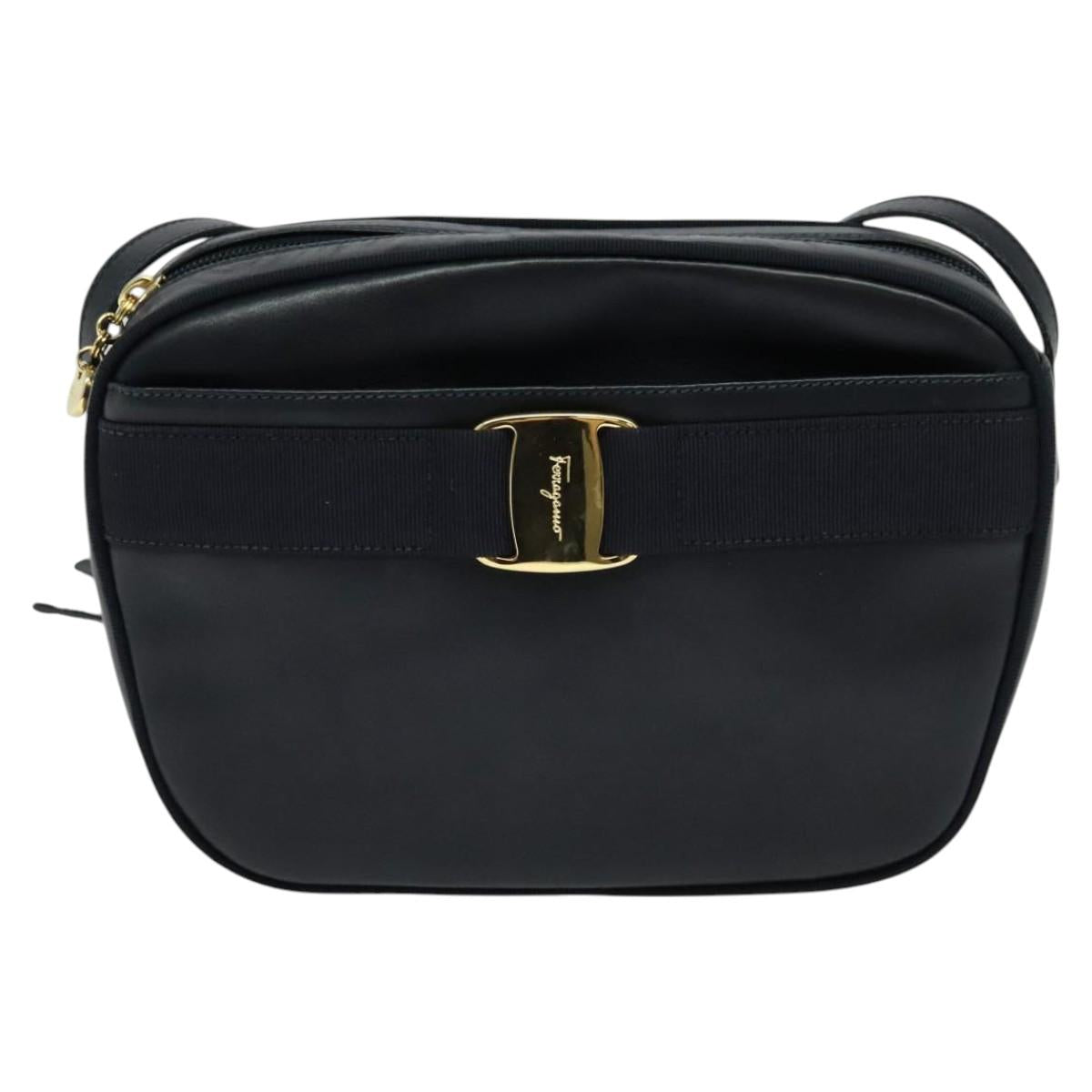 Salvatore Ferragamo Shoulder Bag Leather Navy Gold Auth BA569