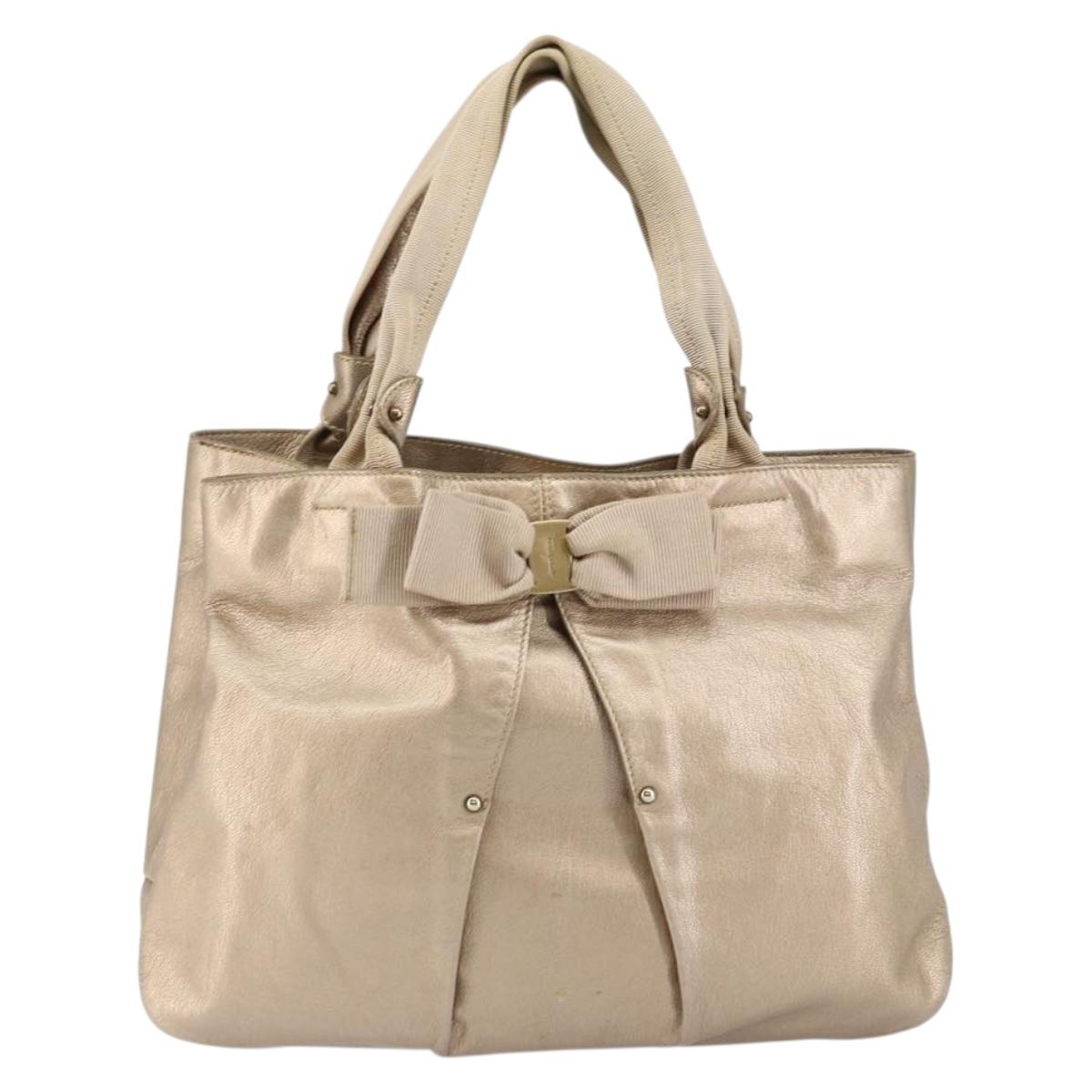 Salvatore Ferragamo Vala Hand Bag Leather Beige Gold Auth BA5699