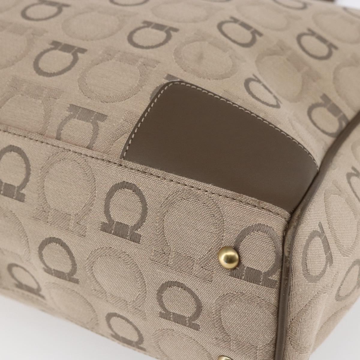 Salvatore Ferragamo Gancini Tote Bag Leather Canvas Beige Gold Auth BA5709