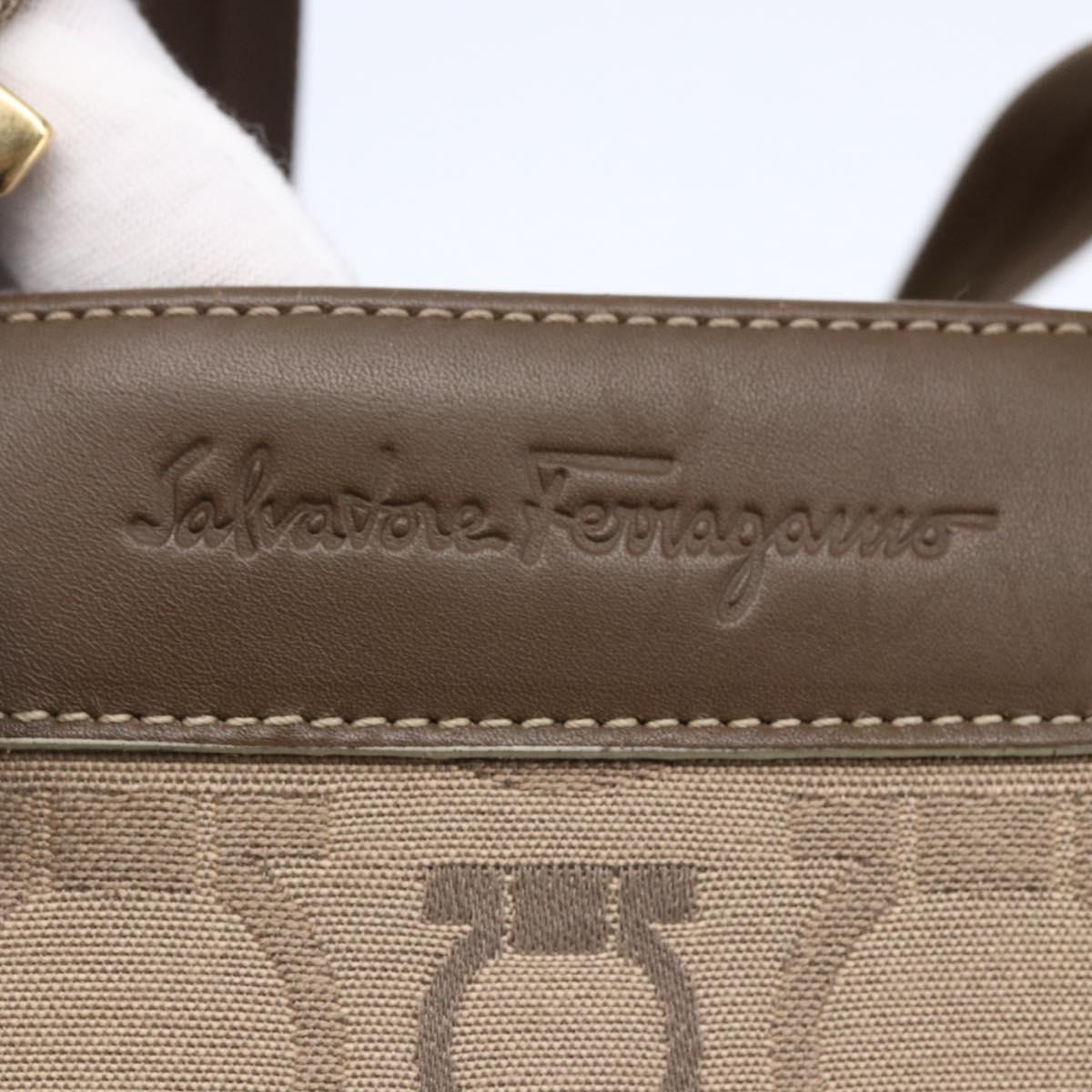 Salvatore Ferragamo Gancini Tote Bag Leather Canvas Beige Gold Auth BA5709