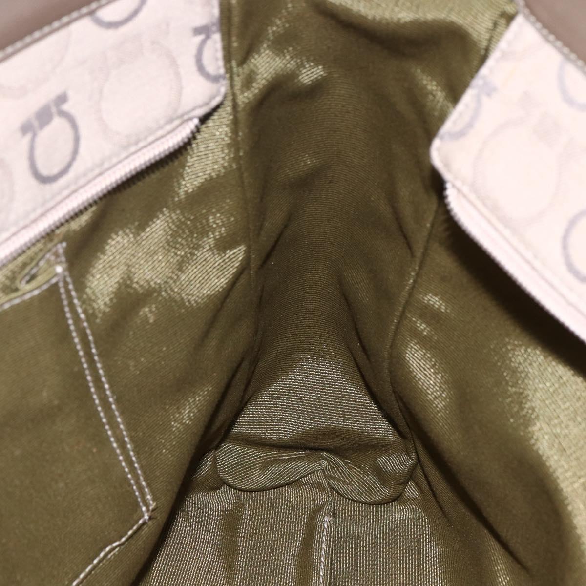 Salvatore Ferragamo Gancini Tote Bag Leather Canvas Beige Gold Auth BA5709