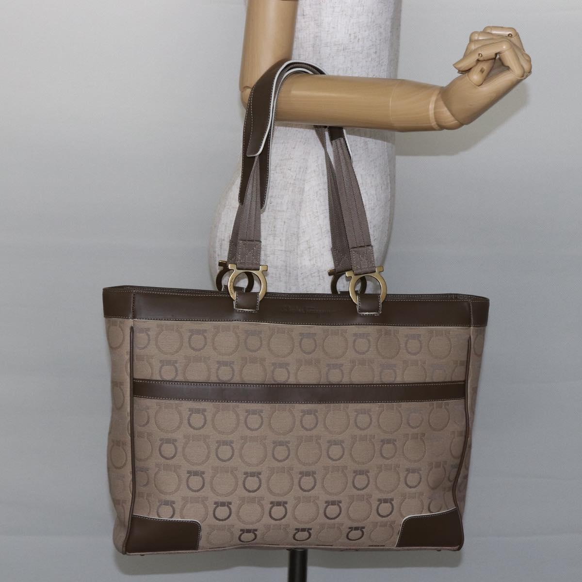 Salvatore Ferragamo Gancini Tote Bag Leather Canvas Beige Gold Auth BA5709