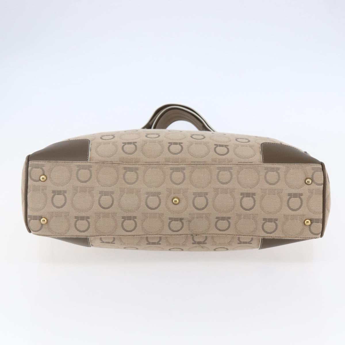 Salvatore Ferragamo Gancini Tote Bag Leather Canvas Beige Gold Auth BA5709