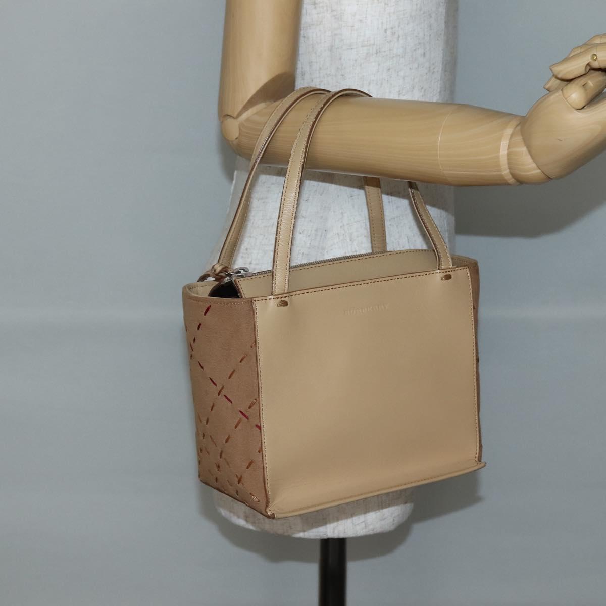 BURBERRY Hand Bag Leather Beige Silver Auth BA5720