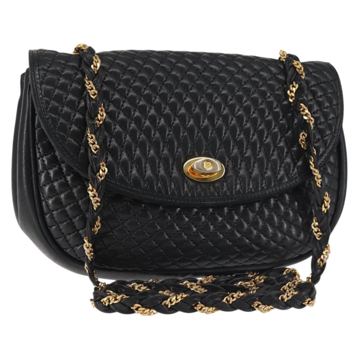 BALLY Chain Shoulder Bag Leather Black Gold Auth BA5751