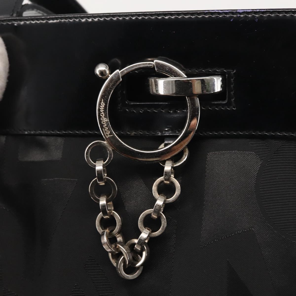 Salvatore Ferragamo Shoulder Bag Nylon Enamel Black Silver Auth BA5766