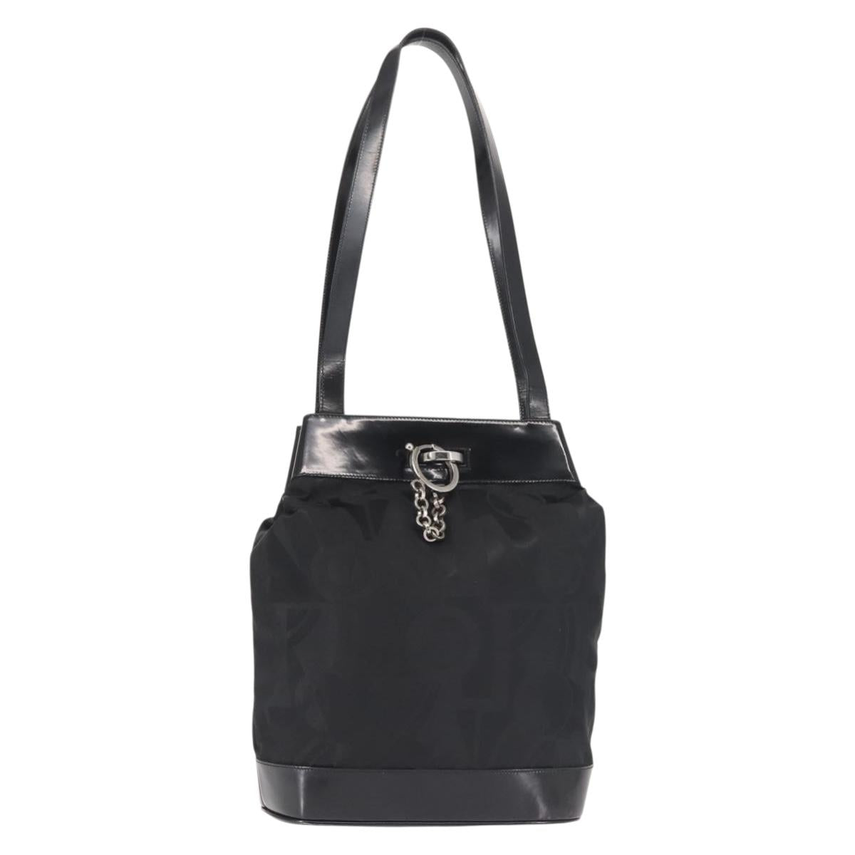Salvatore Ferragamo Shoulder Bag Nylon Enamel Black Silver Auth BA5766