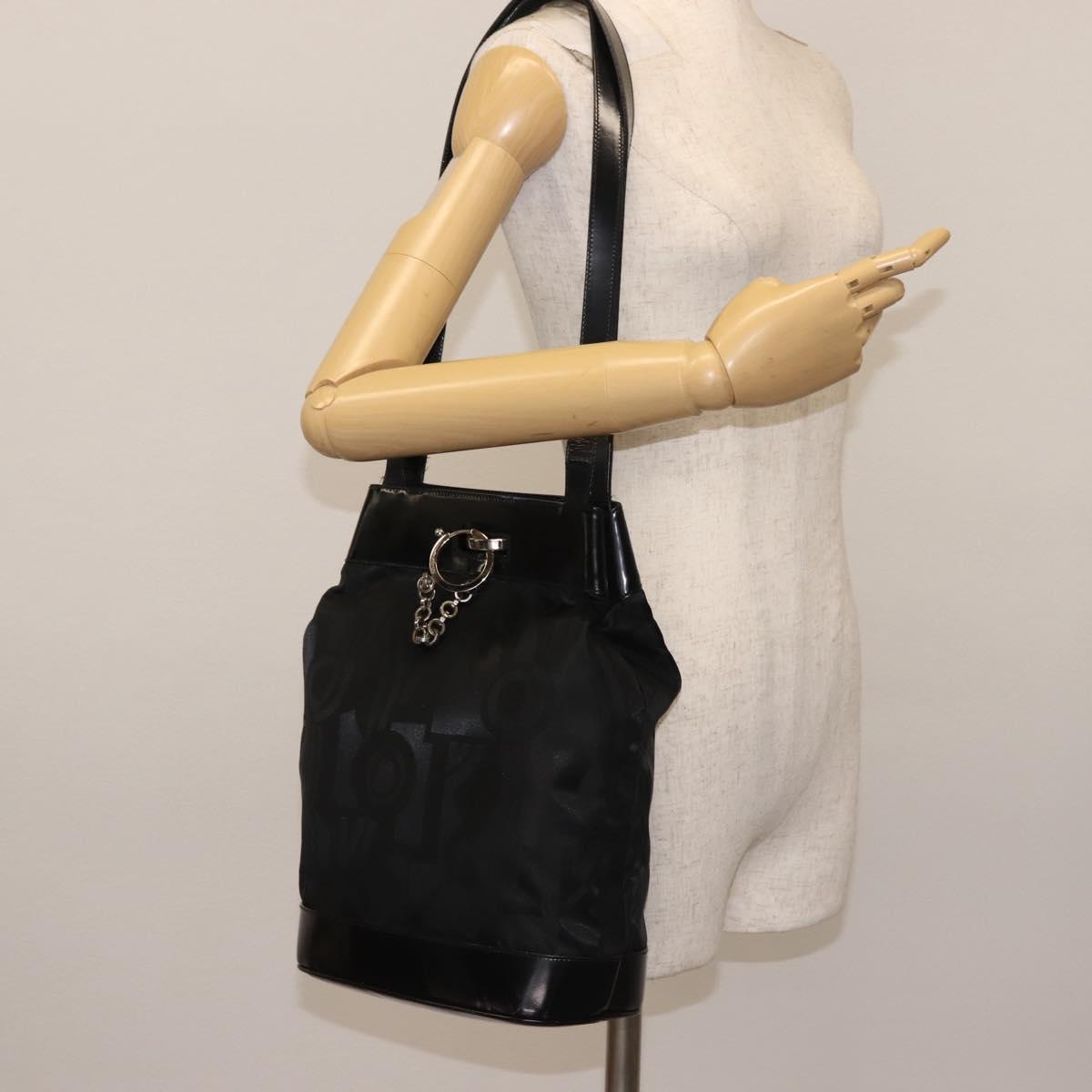 Salvatore Ferragamo Shoulder Bag Nylon Enamel Black Silver Auth BA5766