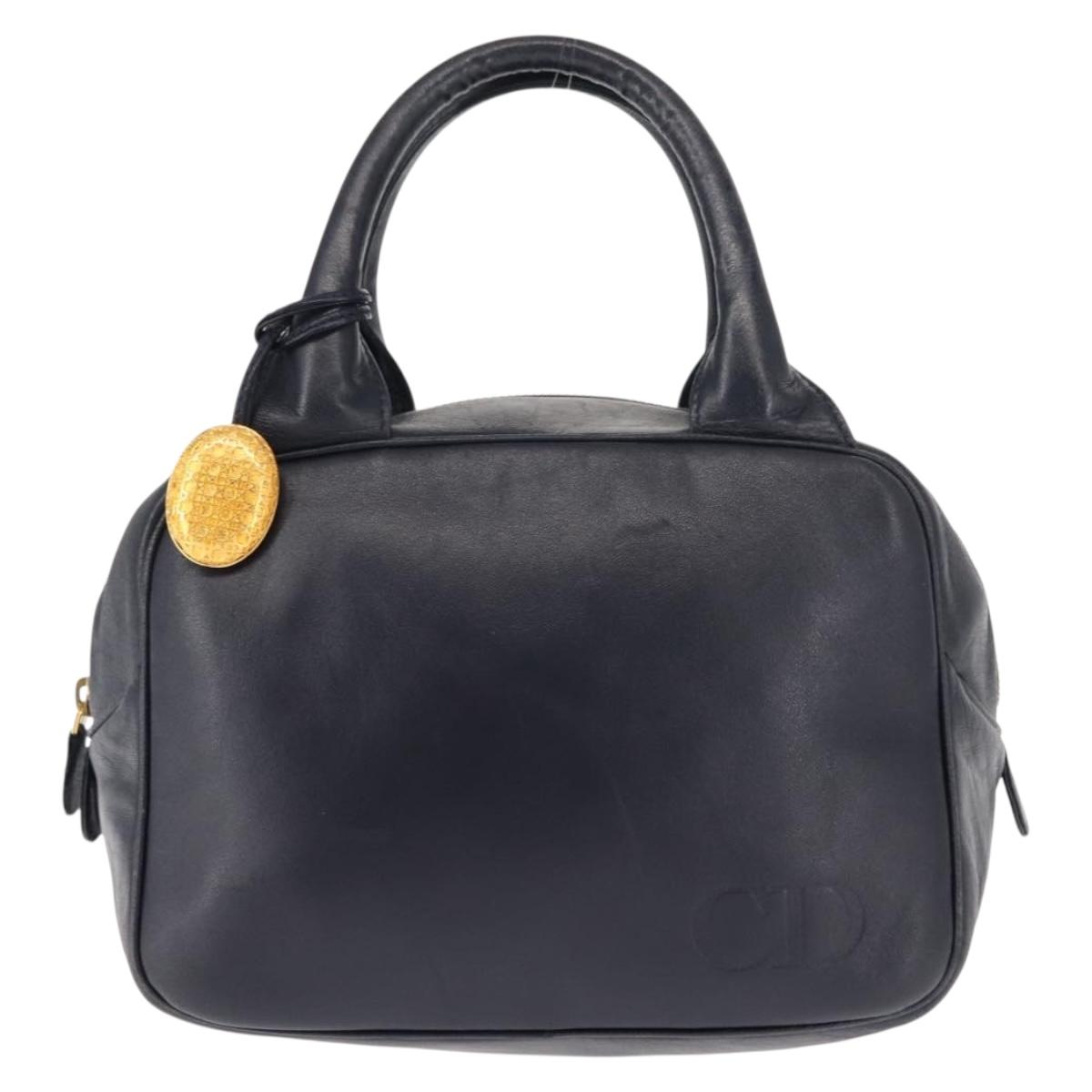 Christian Dior Hand Bag Leather Navy Gold Auth BA5820
