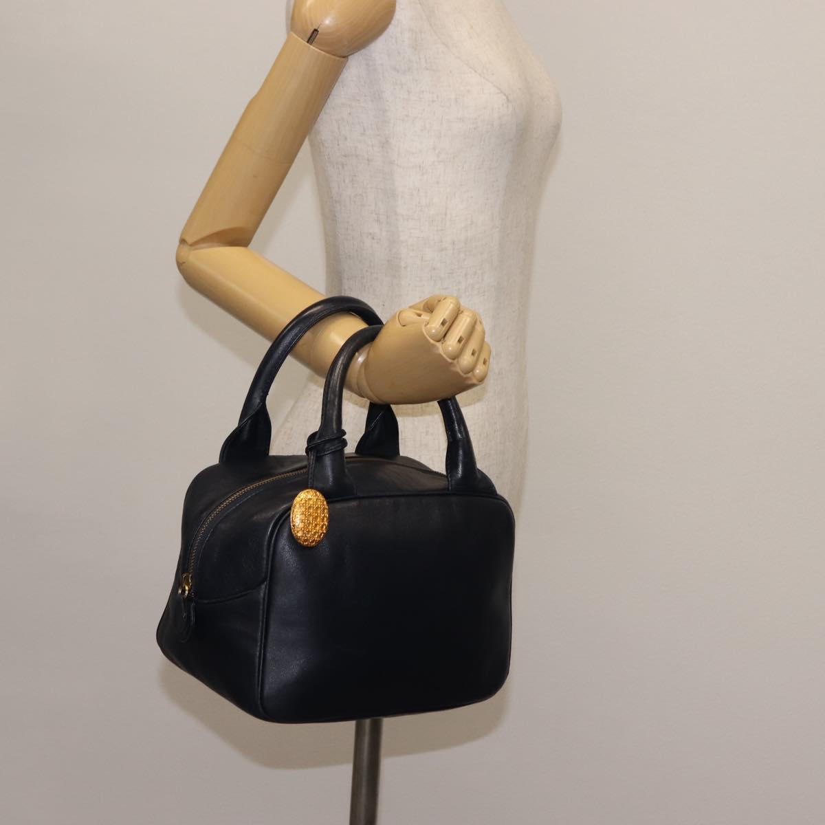 Christian Dior Hand Bag Leather Navy Gold Auth BA5820