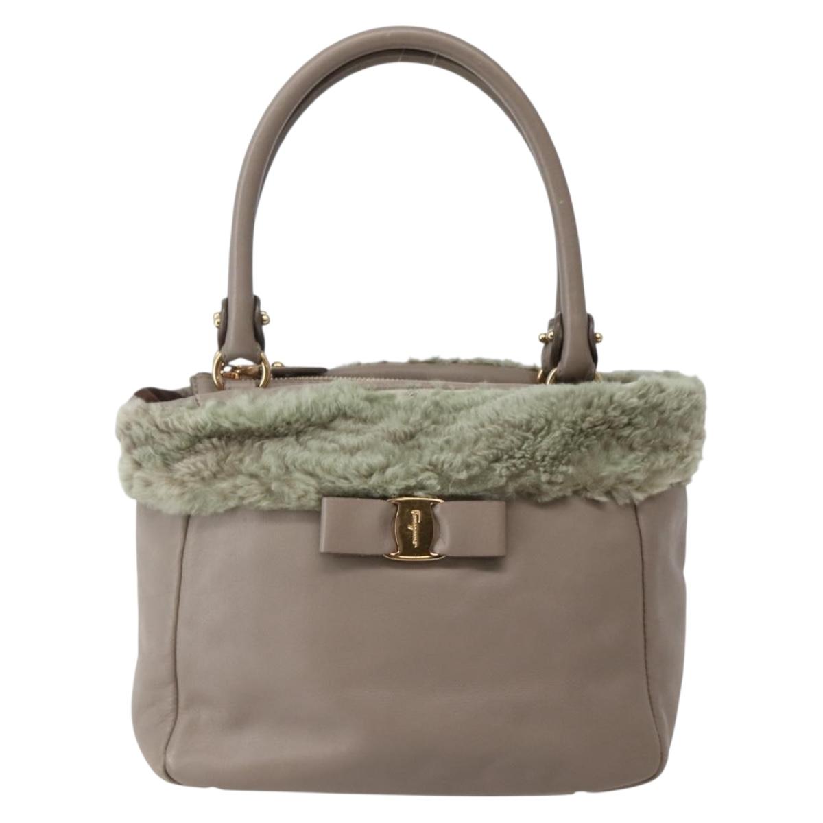 Salvatore Ferragamo Vala Hand Bag Leather Beige Gold Auth BA5832