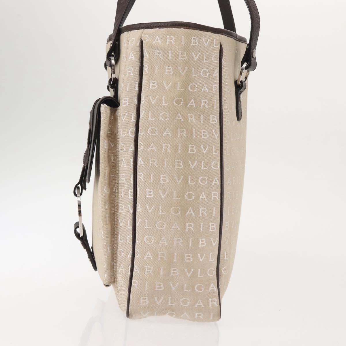 BVLGARI Logo Mania Tote Bag Canvas Beige Silver Auth BA5834