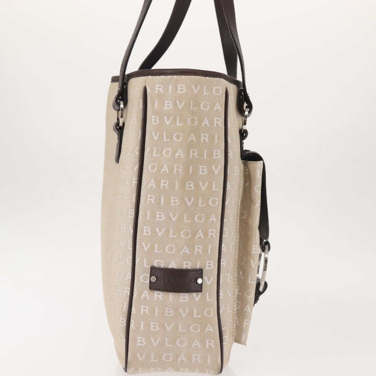 BVLGARI Logo Mania Tote Bag Canvas Beige Silver Auth BA5834