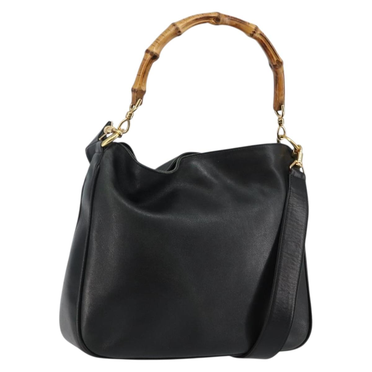 GUCCI Bamboo Hand Bag Leather 2way Black Gold 001 1638 Auth BA5841