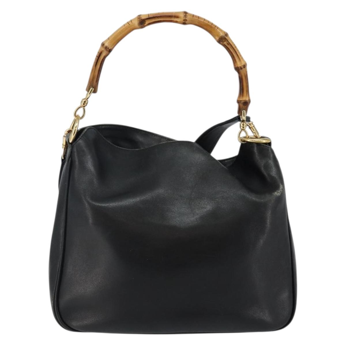 GUCCI Bamboo Hand Bag Leather 2way Black Gold 001 1638 Auth BA5841
