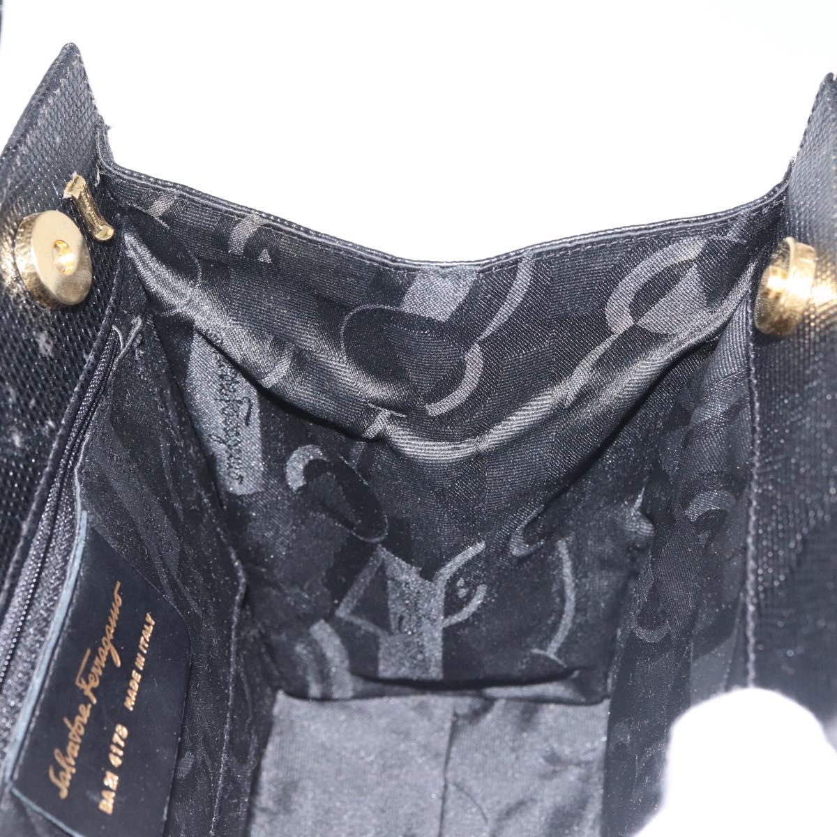Salvatore Ferragamo Vala Hand Bag Embossed Leather Black Gold Auth BA5845