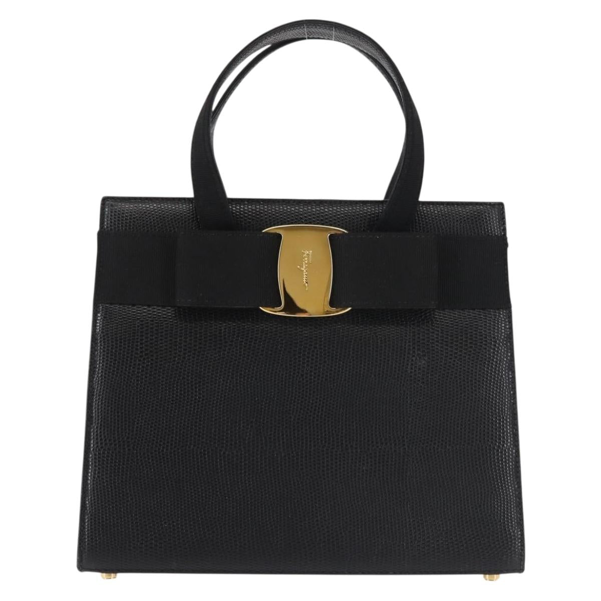 Salvatore Ferragamo Vala Hand Bag Embossed Leather Black Gold Auth BA5845