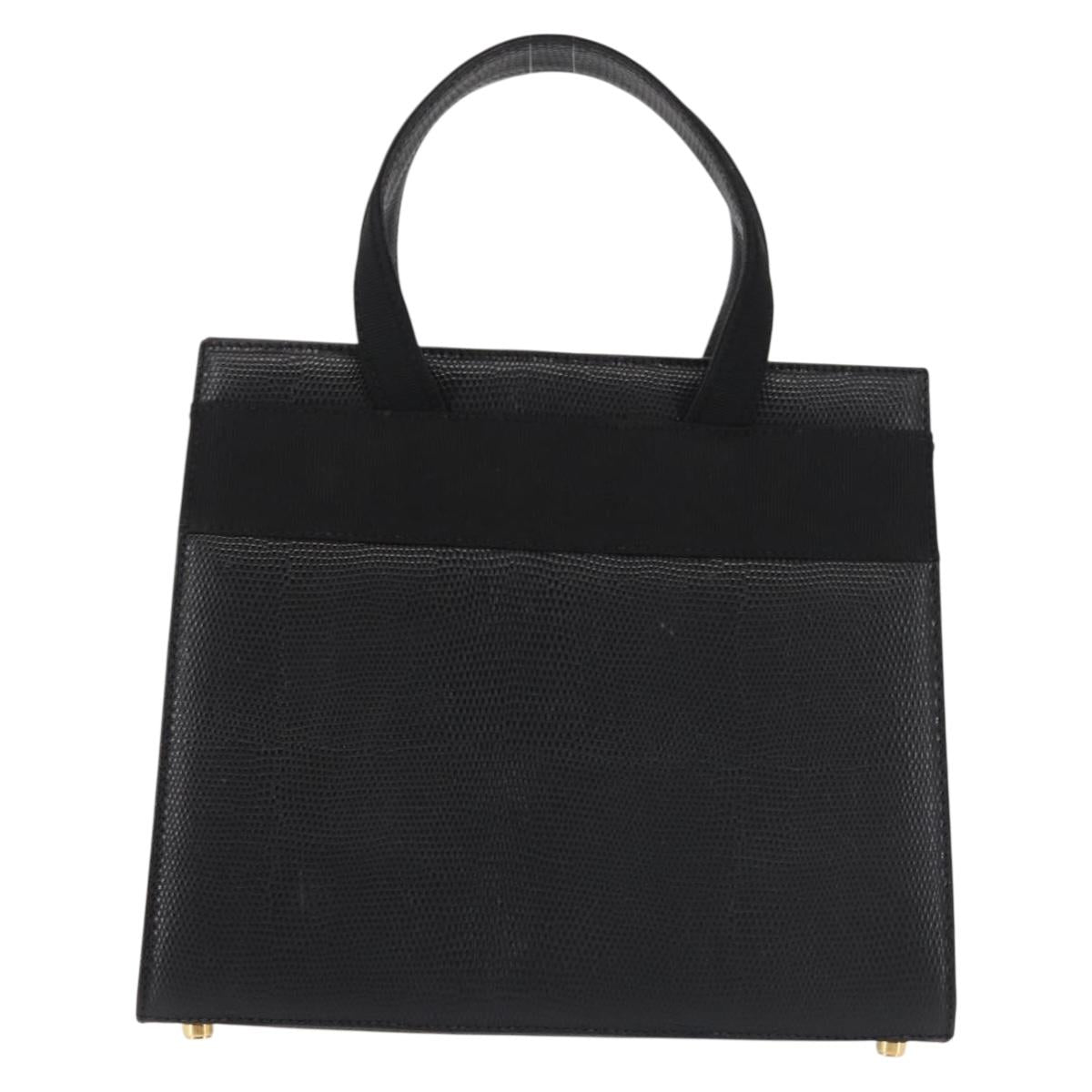 Salvatore Ferragamo Vala Hand Bag Embossed Leather Black Gold Auth BA5845