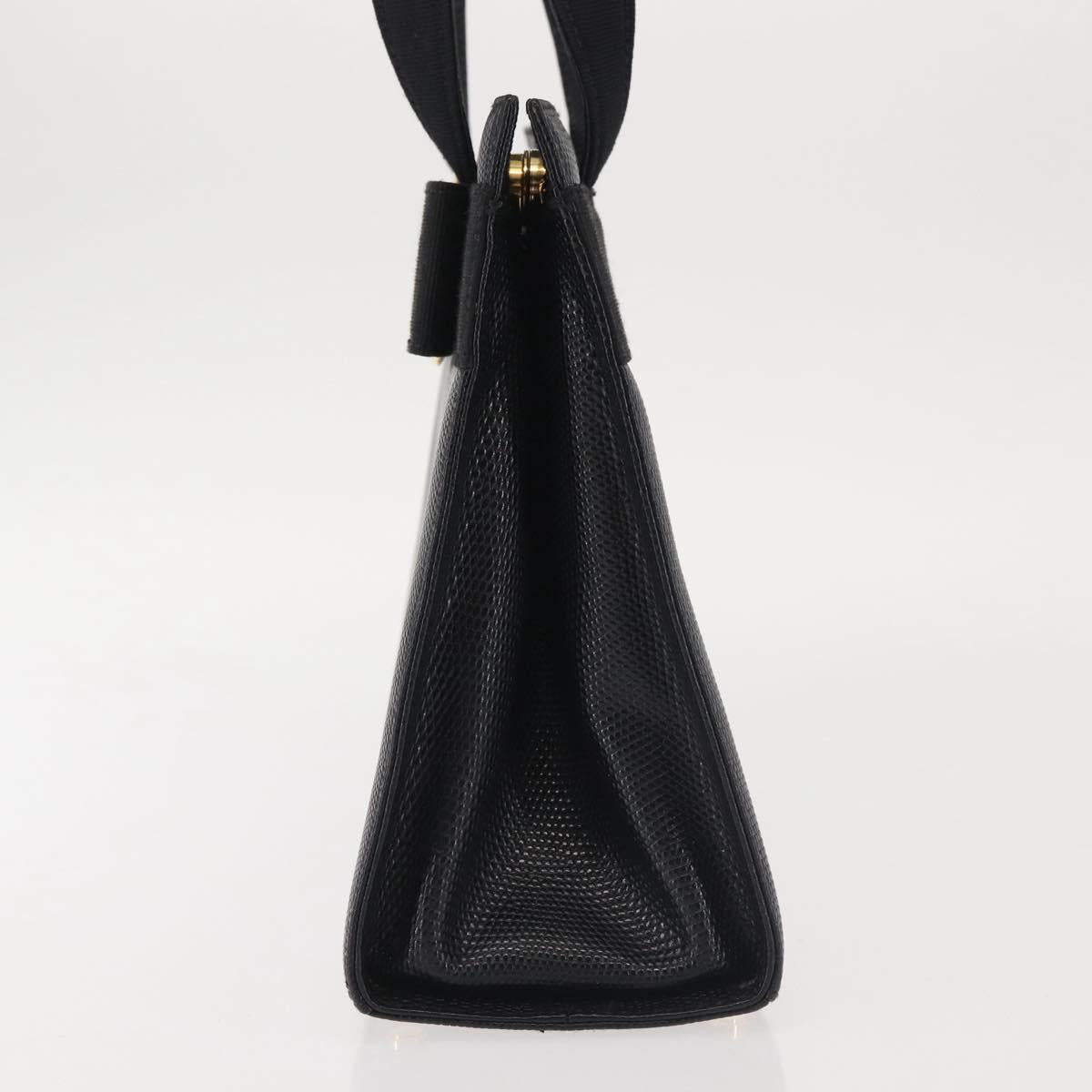 Salvatore Ferragamo Vala Hand Bag Embossed Leather Black Gold Auth BA5845
