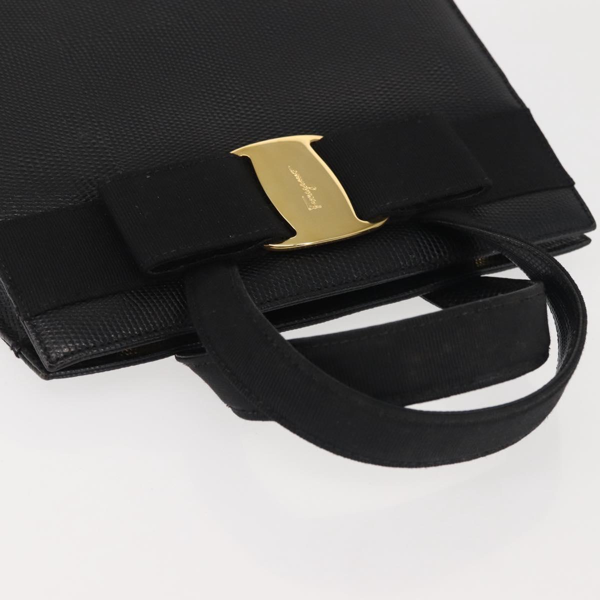 Salvatore Ferragamo Vala Hand Bag Embossed Leather Black Gold Auth BA5845