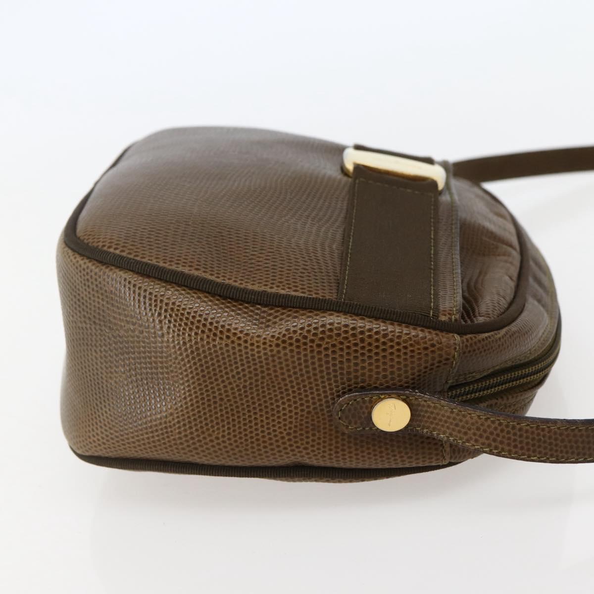 Salvatore Ferragamo Vala Shoulder Bag Embossed Leather Brown Gold Auth BA5847