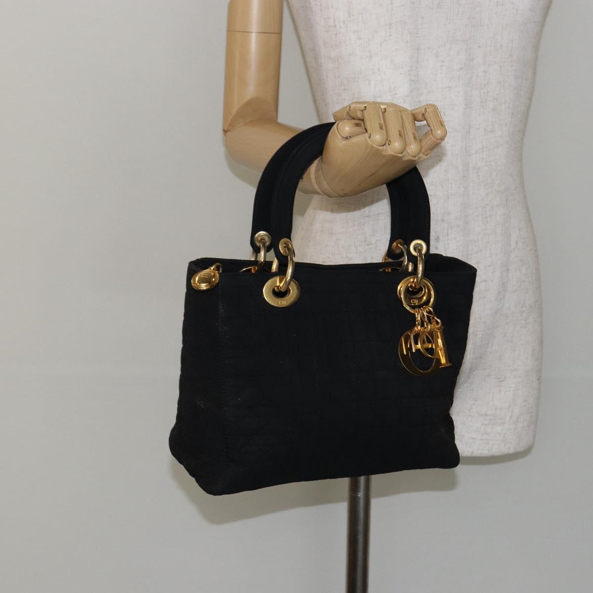 Christian Dior Canage Hand Bag Nylon Black Gold Auth BA5864