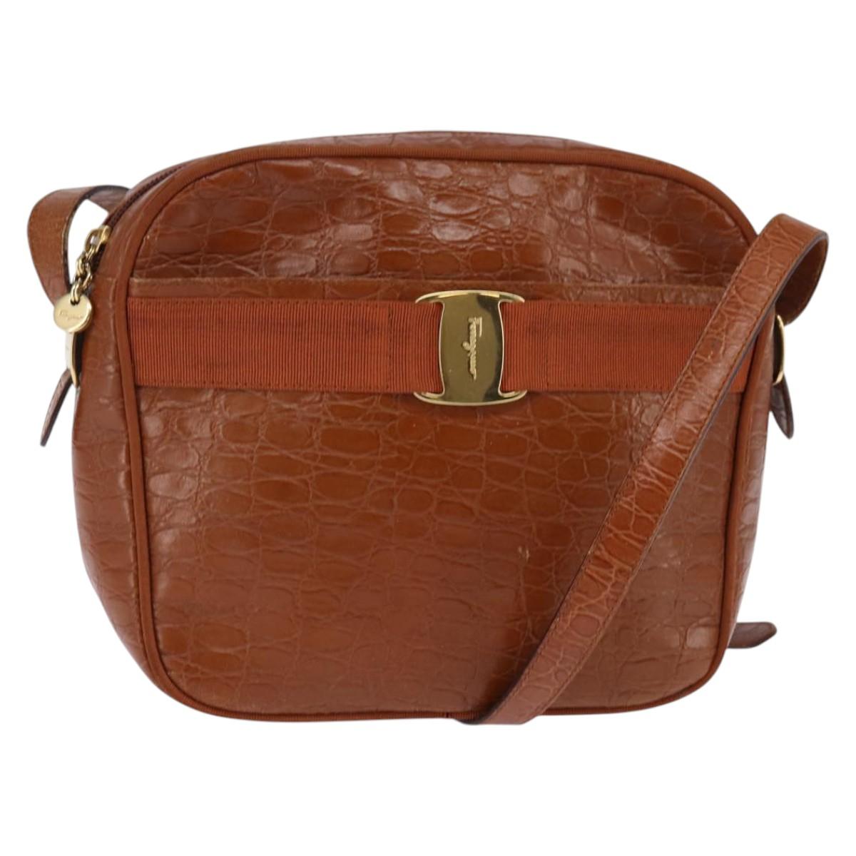 Salvatore Ferragamo Vala Shoulder Bag Leather Brown Gold Auth BA5869