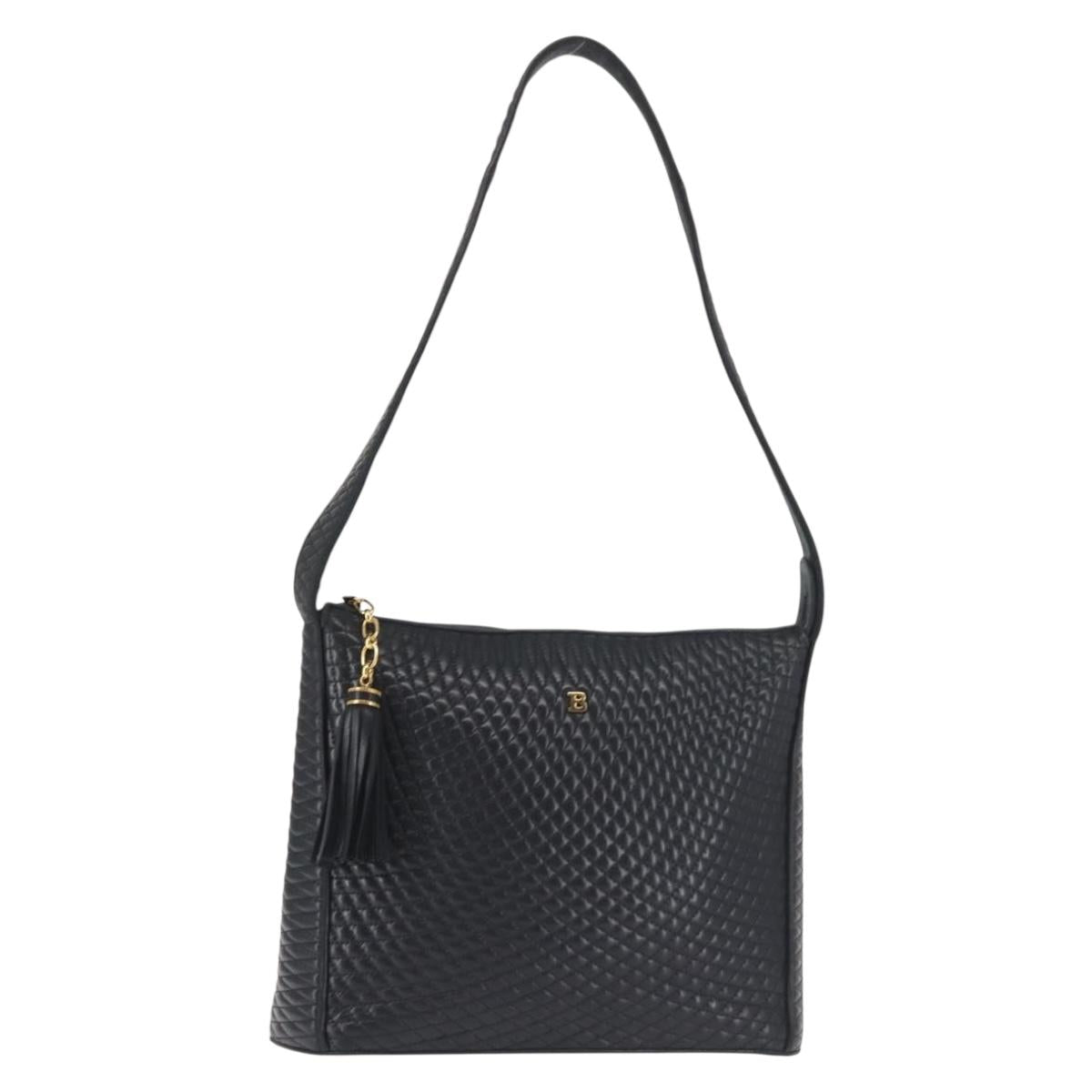 BALLY Shoulder Bag Leather Navy Gold Auth BA5894