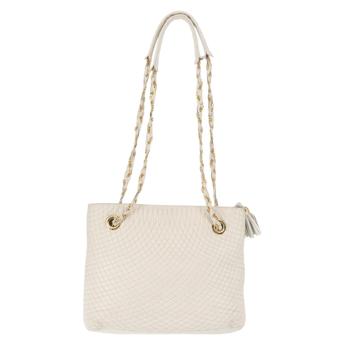 BALLY Chain Shoulder Bag Leather White Gold Auth BA5895
